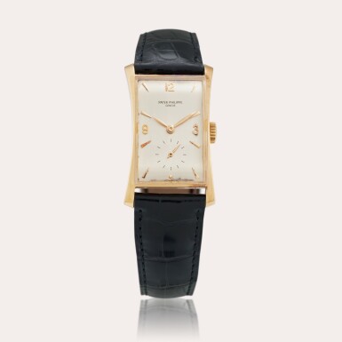 View full screen - View 1 of Lot 481. Reference 1593 ‘Hour Glass’ | A pink gold wristwatch, Circa 1952.