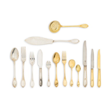 View full screen - View 1 of Lot 127. A French silver and silver-gilt table service, by Gustave Keller, Paris, circa 1880.