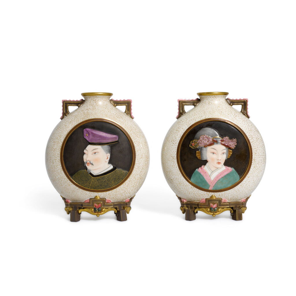 View full screen - View 1 of Lot 124. A pair of Royal Worcester japonaiserie moon-flasks, circa 1880.