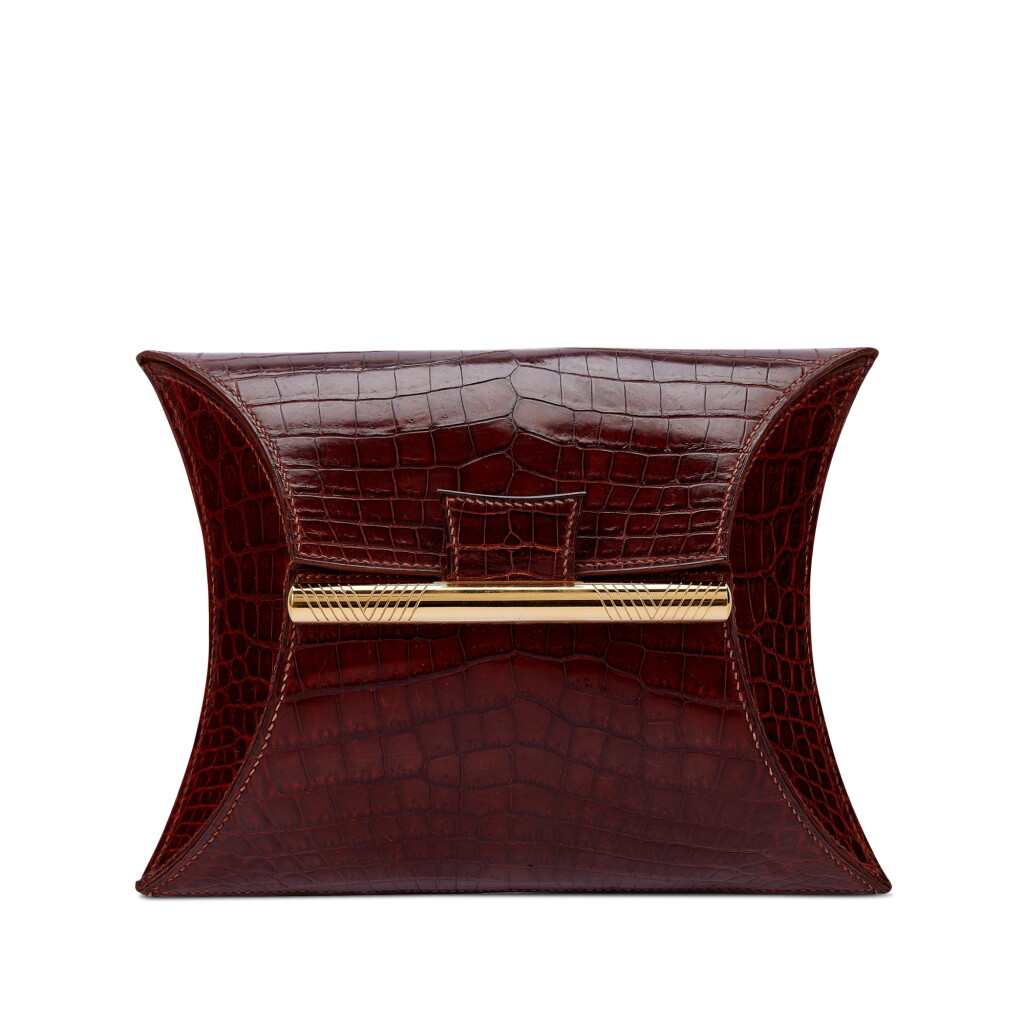 View full screen - View 1 of Lot 9798. Vintage Miel Shiny Niloticus Crocodile Minaudière Clutch Gold Hardware, 1997.