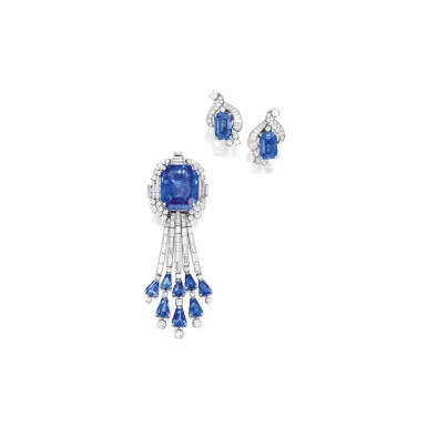 View full screen - View 1 of Lot 454. SAPPHIRE AND DIAMOND BROOCH, OSCAR HEYMAN & BROTHERS AND PAIR OF EARCLIPS | 藍寶石配鑽石別針,Oscar Heyman & Brothers及耳環一對.