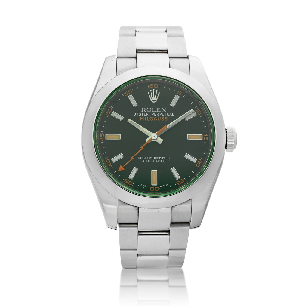 View full screen - View 1 of Lot 8020. Milgauss, Reference 116400GV | A stainless steel antimagnetic wristwatch with green sapphire crystal and bracelet, Circa 2012 | 勞力士 | Milgauss 型號116400GV | 精鋼防磁鏈帶腕錶,備綠水晶鏡面,約2012年製.