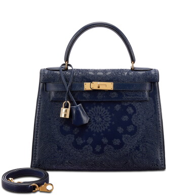 View full screen - View 1 of Lot 557. Limited Edition Jay Ahr Bandana Act III Bleu Marine Vintage Box Kelly 28 Sellier Gold Hardware, 1996.