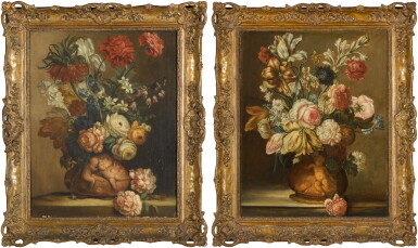 View full screen - View 1 of Lot 42. A pair of floral still lifes featuring roses, tulips, narcissi and other flowers in sculpted vases.