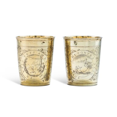 View full screen - View 1 of Lot 184. A pair of German silver-gilt beakers, Paul Solanier, Augsburg, 1700-1705 | Paire de gobelets en vermeil par Paul Solanier, Augsbourg, 1700-1705.