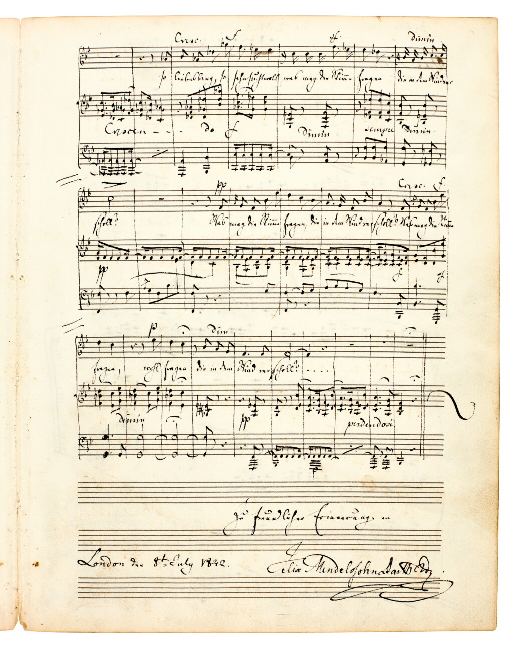 View full screen - View 1 of Lot 23. F. Mendelssohn Bartholdy. Autograph manuscript of the song 'Im Frühling' ("Ich hör' ein Vöglein locken"), London 1842.
