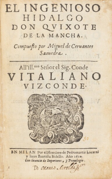 View full screen - View 1 of Lot 16. El Ingenioso Hidalgo Don Quixote de la Mancha. Milan, 1610. Première édition publiée en Italie.
