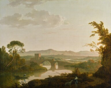 View full screen - View 1 of Lot 31. JOSEPH WRIGHT OF DERBY, A.R.A. | An Italian river landscape with a bridge and tower at sunset, with figures in the foreground | 約瑟夫・懷特・德比,A.R.A. | 《意大利河景,黃昏下的橋與塔樓,前景見人物》.