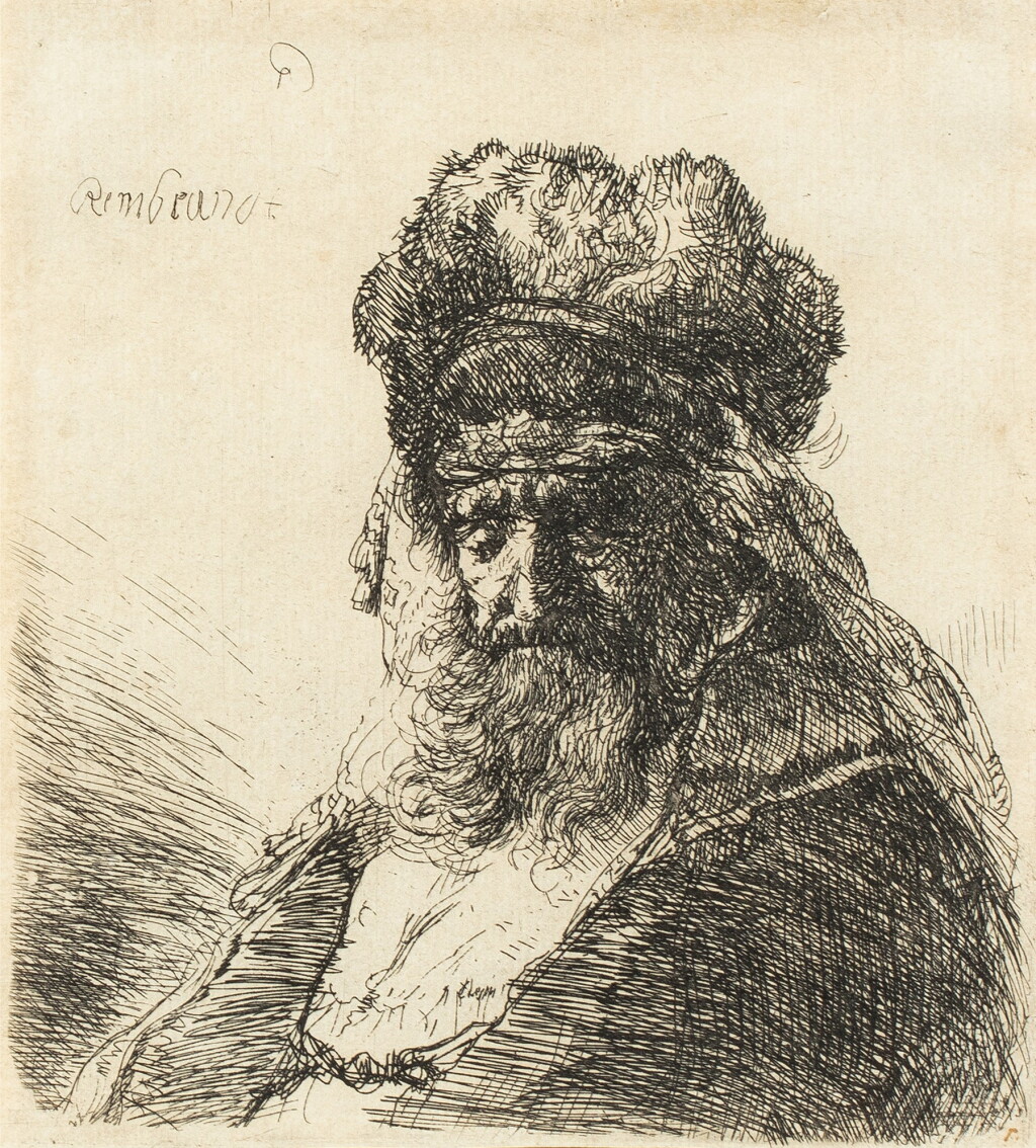 View full screen - View 1 of Lot 491. An old bearded man in a high fur cap, with eyes closed (Bartsch, Hollstein 290; New Hollstein 148).