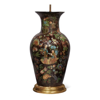 View full screen - View 1 of Lot 824. A BROWN-GROUND DECALCOMANIA LAMP.