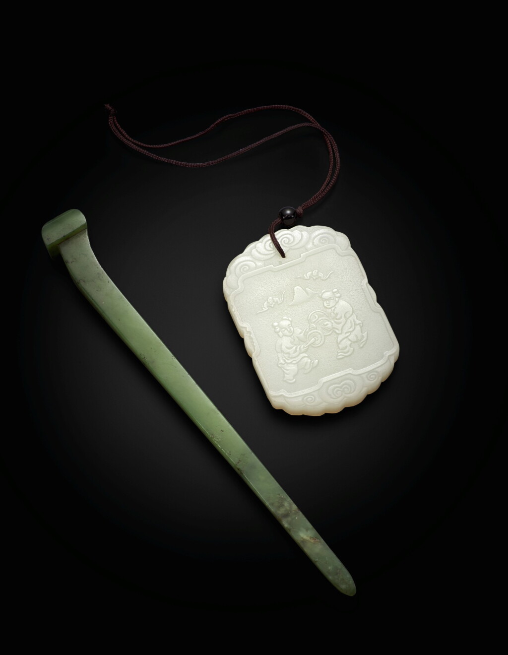 View full screen - View 1 of Lot 148. A white jade plaque and a spinach jade hairpin Qing dynasty, 19th century | 清十九世紀 玉器一組兩件.