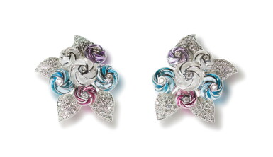 View full screen - View 1 of Lot 40. PAIR OF GEM SET AND DIAMOND EAR CLIPS, MICHELE DELLA VALLE.