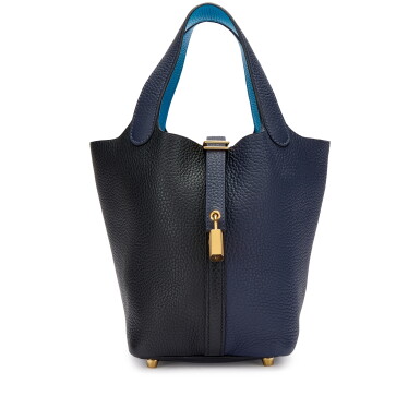 View full screen - View 1 of Lot 5609. Limited Edition Black, Bleu Nuit and Bleu Zanzibar Clemence Tri-color Picotin Lock 18 Gold Hardware, 2020.