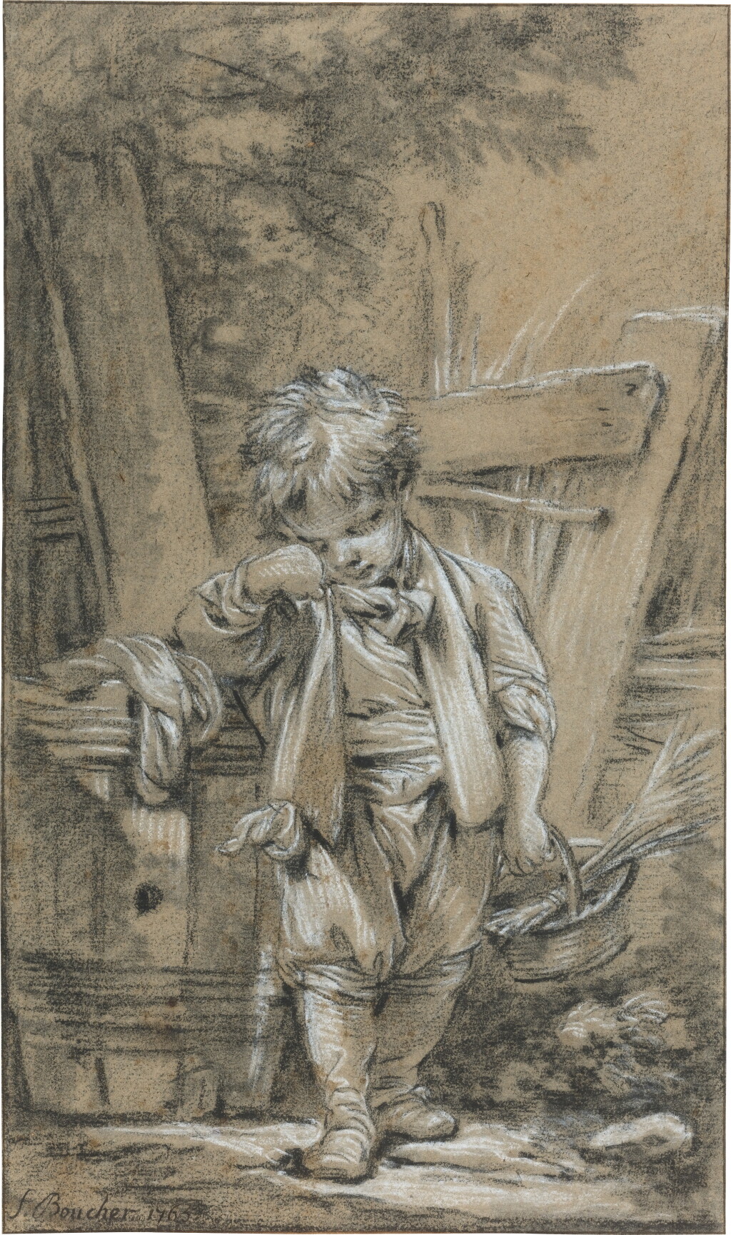 View full screen - View 1 of Lot 169. Young boy leaning against a barrel and holding a basket.