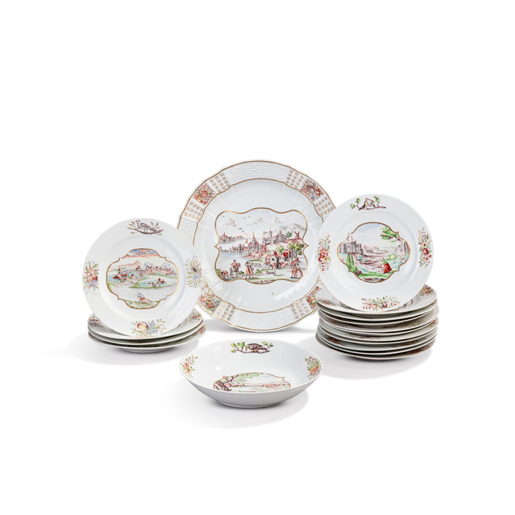 View full screen - View 1 of Lot 615. A group of Meissen porcelain Hausmaler dishes and plates, the porcelain circa 1735-50, the decoration third quarter of the 18th century.