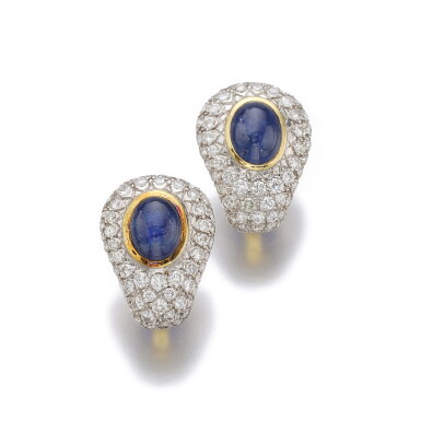 View full screen - View 1 of Lot 158. PAIR OF SAPPHIRE AND DIAMOND EAR CLIPS.