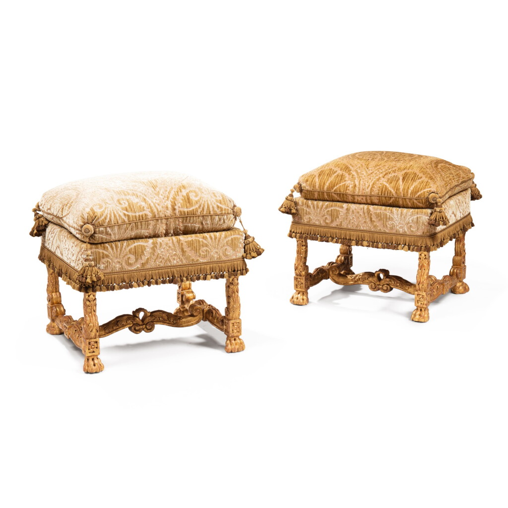 View full screen - View 1 of Lot 423. A pair of Régence style giltwood stools, 19th century.