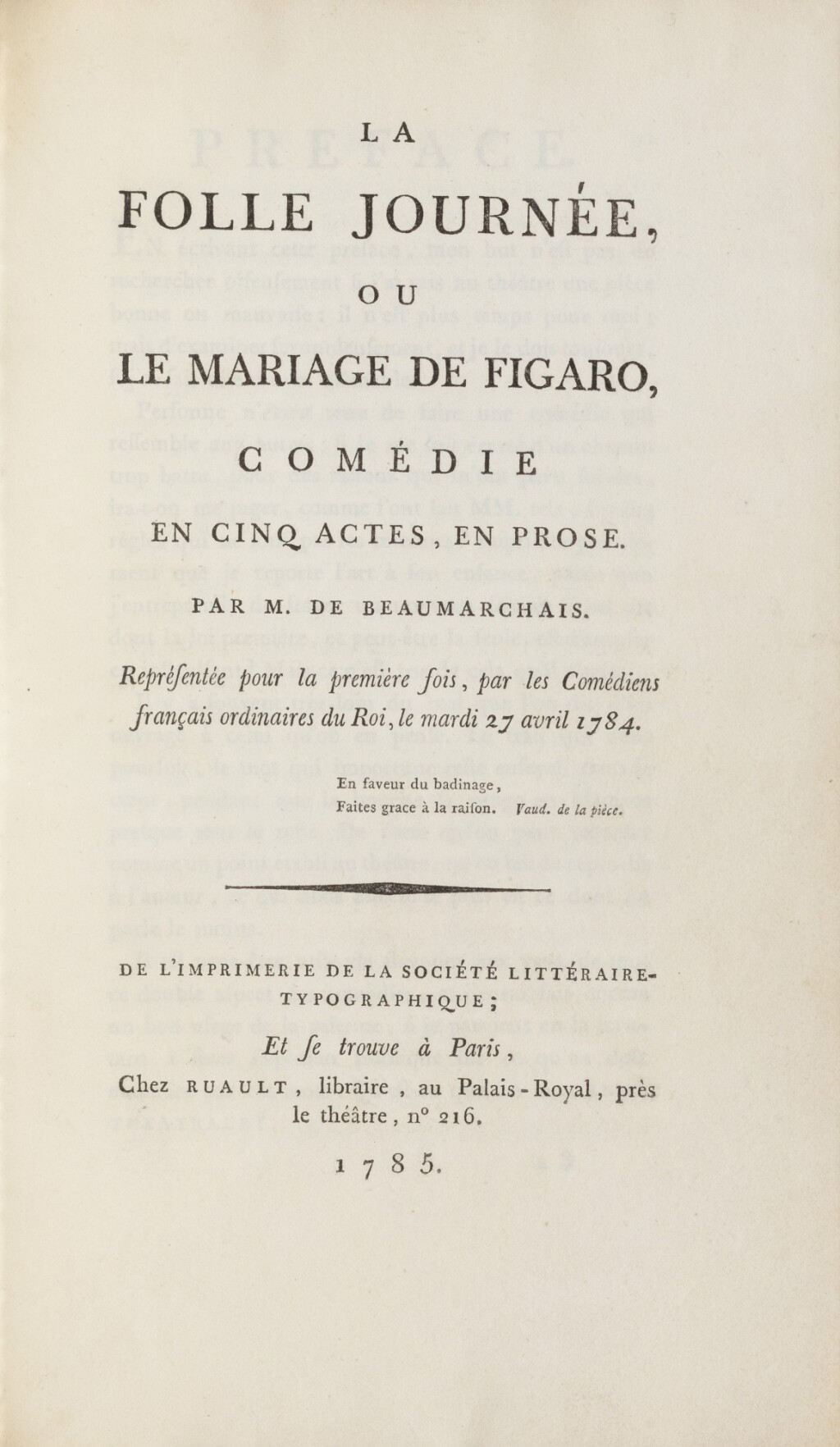 View full screen - View 1 of Lot 5. La folle journée ou le Mariage de Figaro, 1785. In-8. Edition originale, en maroquin rouge de l'époque.