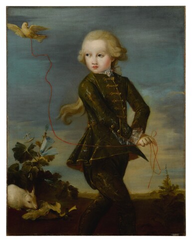 View full screen - View 1 of Lot 526. Portrait of a boy of the Gradenigo family, possibly Ferigo (Born 1758), full length, with his pet dove on a ribbon, a white rabbit in the background.