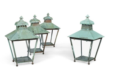 View full screen - View 1 of Lot 22. A SET OF FOUR VICTORIAN GLAZED BRASS 'GATEPOST' LANTERNS, 19TH CENTURY.