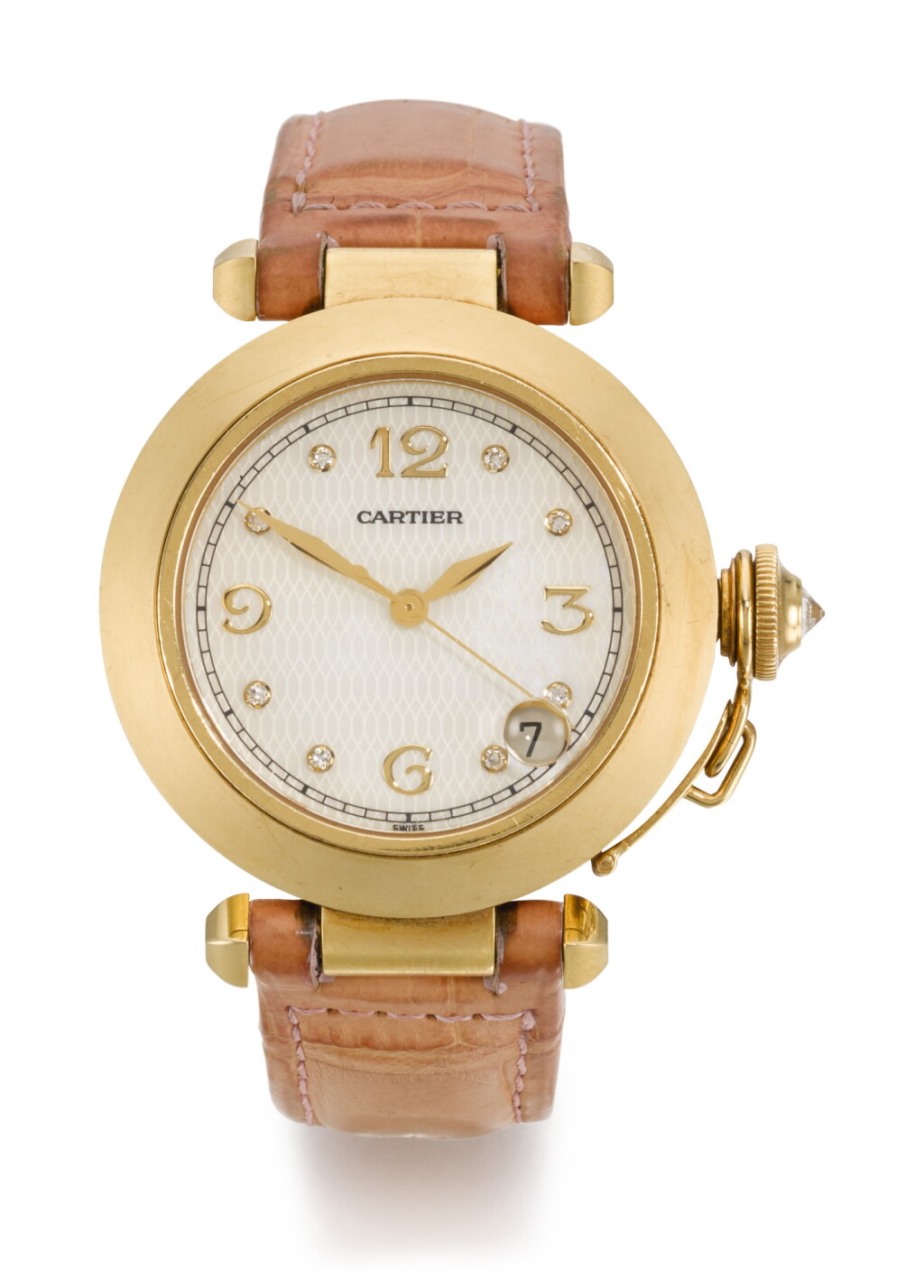 View full screen - View 1 of Lot 30. CARTIER | PASHA, REFERENCE 1035, YELLOW GOLD WRISTWATCH WITH DIAMOND-SET MOTHER-OF-PEARL DIAL AND DATE, CIRCA 1995.