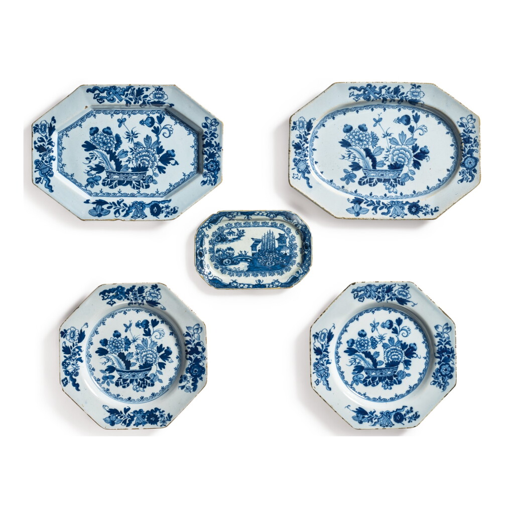 View full screen - View 1 of Lot 432. A PAIR OF ENGLISH DELFTWARE BLUE AND WHITE RECTANGULAR DISHES, A PAIR OF OCTAGONAL PLATES AND A SMALL STAND, CIRCA 1760-70.