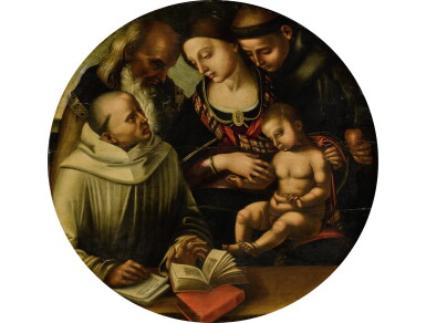 View full screen - View 1 of Lot 142. LUCA SIGNORELLI AND STUDIO | THE MADONNA AND CHILD WITH SAINTS BERNARD(?), ANTHONY OF PADUA AND JOHN THE EVANGELIST(?).