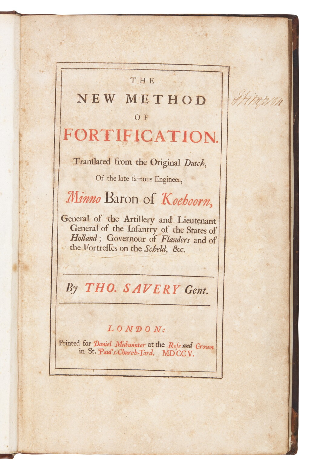 View full screen - View 1 of Lot 102. Coehoorn, The New Method of Fortification, London, 1705, contemporary calf.