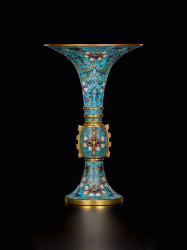 View full screen - View 1 of Lot 107. A cloisonné enamel 'lotus' gu-form vase, Qing dynasty, 18th century | 清十八世紀 掐絲琺瑯纏枝蓮紋出戟花觚.