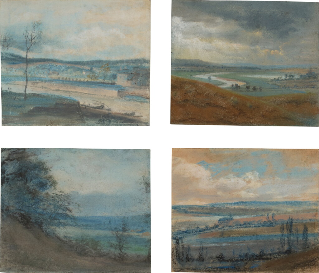 View full screen - View 1 of Lot 28. Four landscapes: A) Landscape with a River Crossing a Valley; B) Landscape with a Steepled Church; C) Landscape with a Tree on the Edge of a Waterway; D) Landscape with Bushes and Shrubs.
