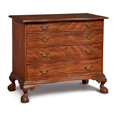 View full screen - View 1 of Lot 1696. THE TOPPAN FAMILY CHIPPENDALE CARVED AND FIGURED BIRCHWOOD REVERSE SERPENTINE CHEST OF DRAWERS, ESSEX COUNTY, POSSIBLY NEWBURYPORT, MASSACHUSETTS, CIRCA 1785.