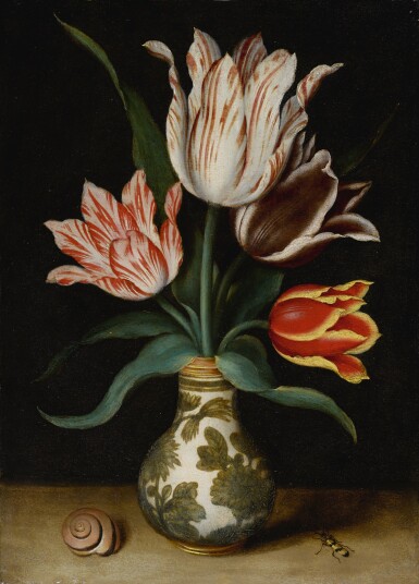 View full screen - View 1 of Lot 64. AMBROSIUS BOSSCHAERT THE ELDER | STILL LIFE OF FOUR TULIPS IN A WAN-LI PORCELAIN VASE.