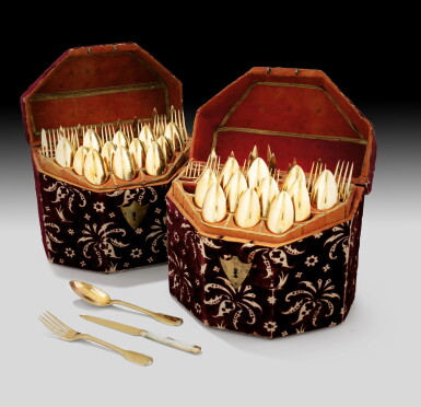 View full screen - View 1 of Lot 307. A set of 24 silver-gilt dessert spoons and forks and 24 fruit knives, Jacques-Frédéric Kirstein, Strasbourg, 1798-1809 | Ensemble de 24 couverts à entremets et 24 couteaux à fruit en vermeil par Jacques-Frédéric Kirstein, Strasbourg, 1798-1809, dans deux coffrets.