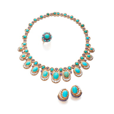 View full screen - View 1 of Lot 826. Turquoise, sapphire and diamond demi-parure, circa 1960; and a ring.