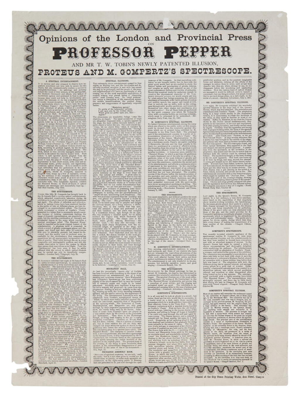 View full screen - View 1 of Lot 485. Professor Pepper | A broadside reviewing Pepper's "Proteus" and other illusions.
