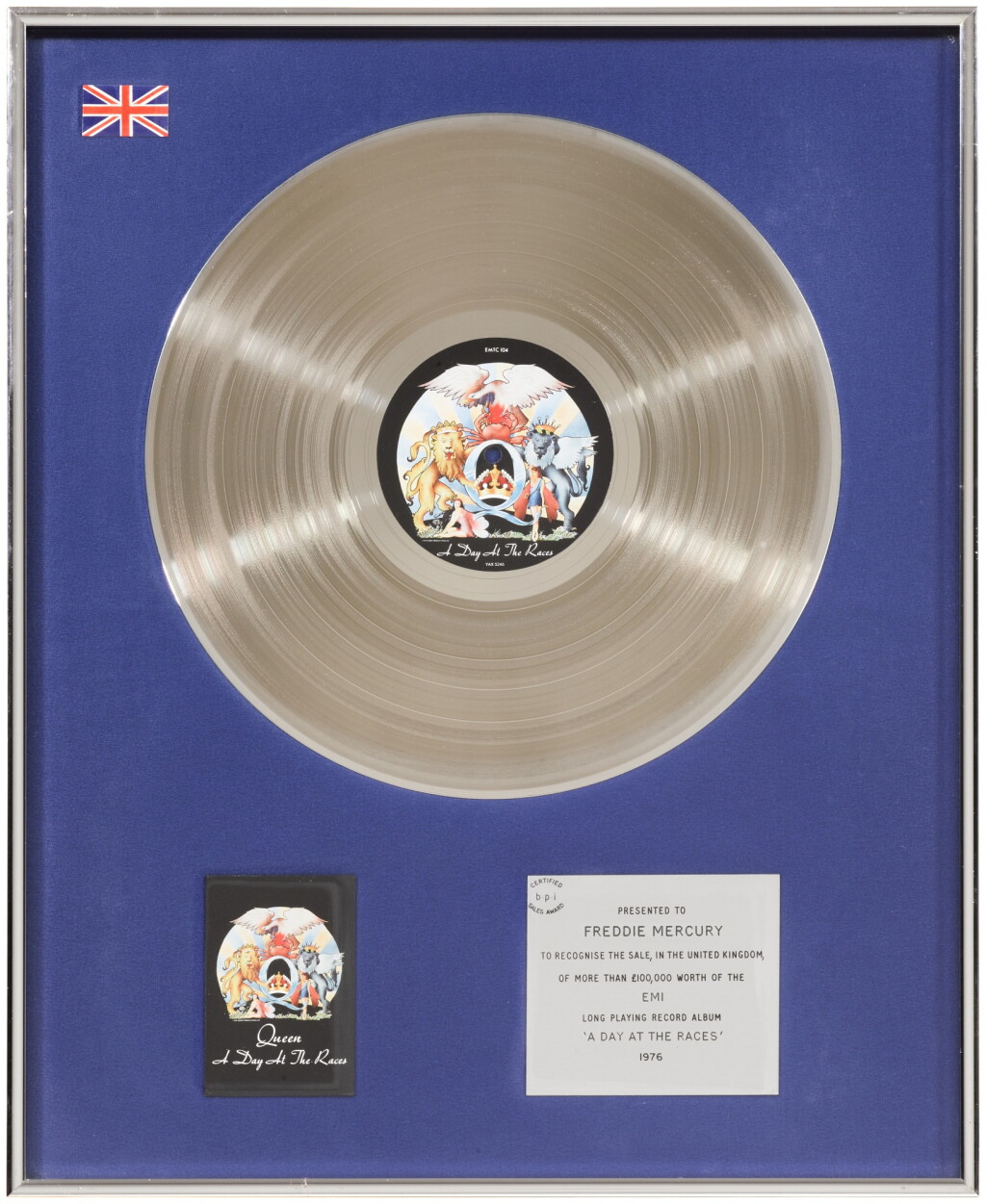 View full screen - View 1 of Lot 179. Queen – Freddie Mercury’s BPI sales award for A Day At The Races, 1976.