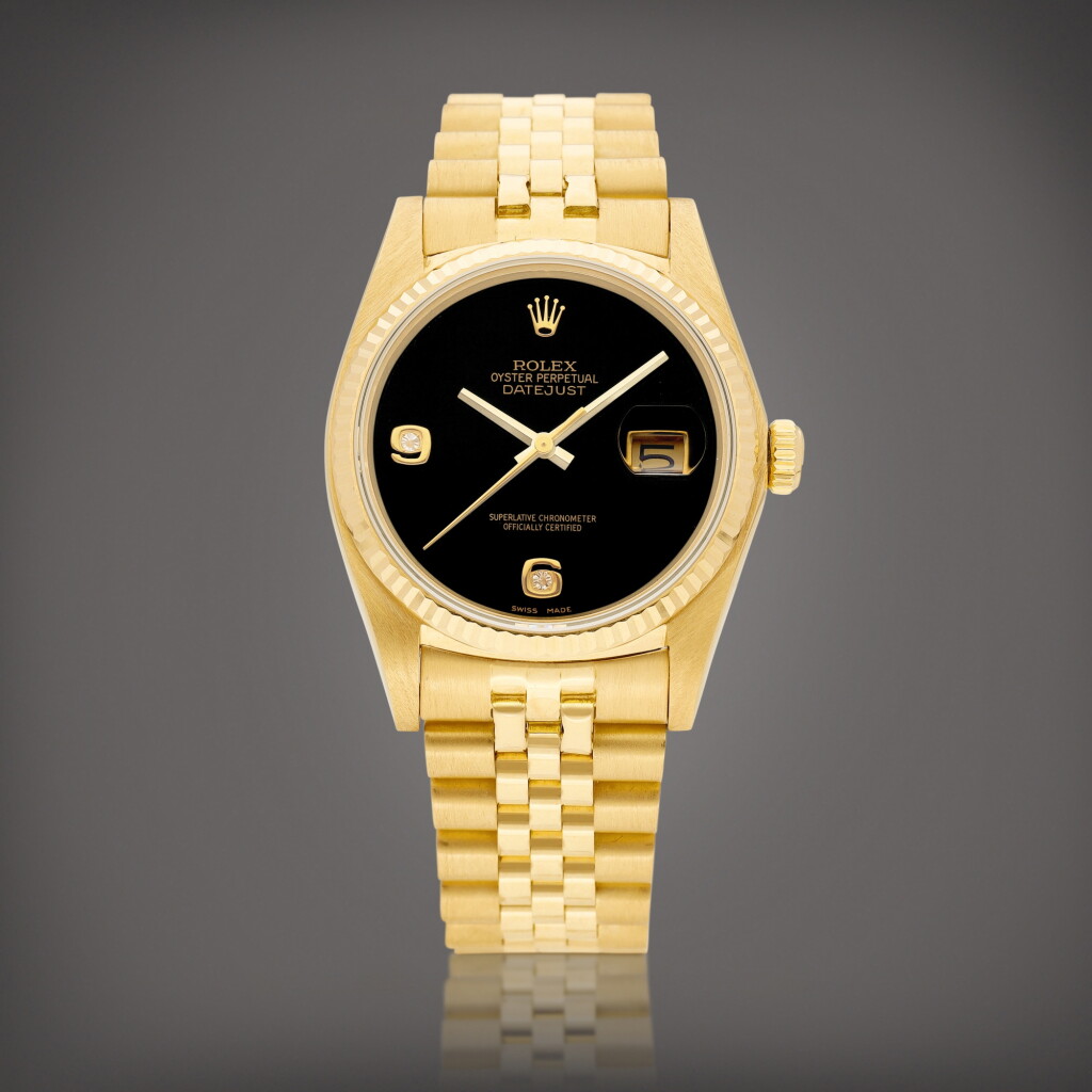 View full screen - View 1 of Lot 8720. DateJust, Reference 16018 | A yellow gold and diamond-set wristwatch with date, onyx dial and bracelet, Circa 1978 | 勞力士 | DateJust 型號16018 | 黃金鑲鑽石鏈帶腕錶,備日期顯示及瑪瑙錶盤,約1978年製.