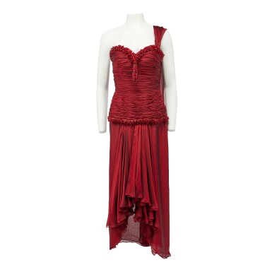 View full screen - View 1 of Lot 90. Couture Red Silk-chiffon Gown, 1990s.