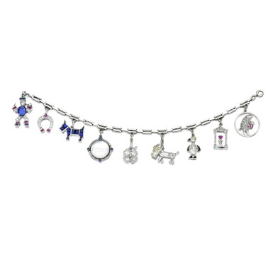 View full screen - View 1 of Lot 85. Gem set and diamond charm bracelet, three charms Cartier, 1920s and later.