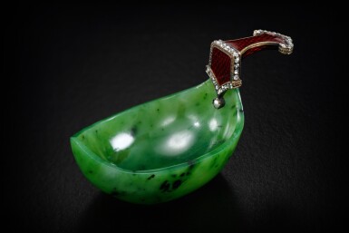 View full screen - View 1 of Lot 3. An important Fabergé miniature jewelled, nephrite and guilloché enamel kovsh, probably St Petersburg, circa 1900.