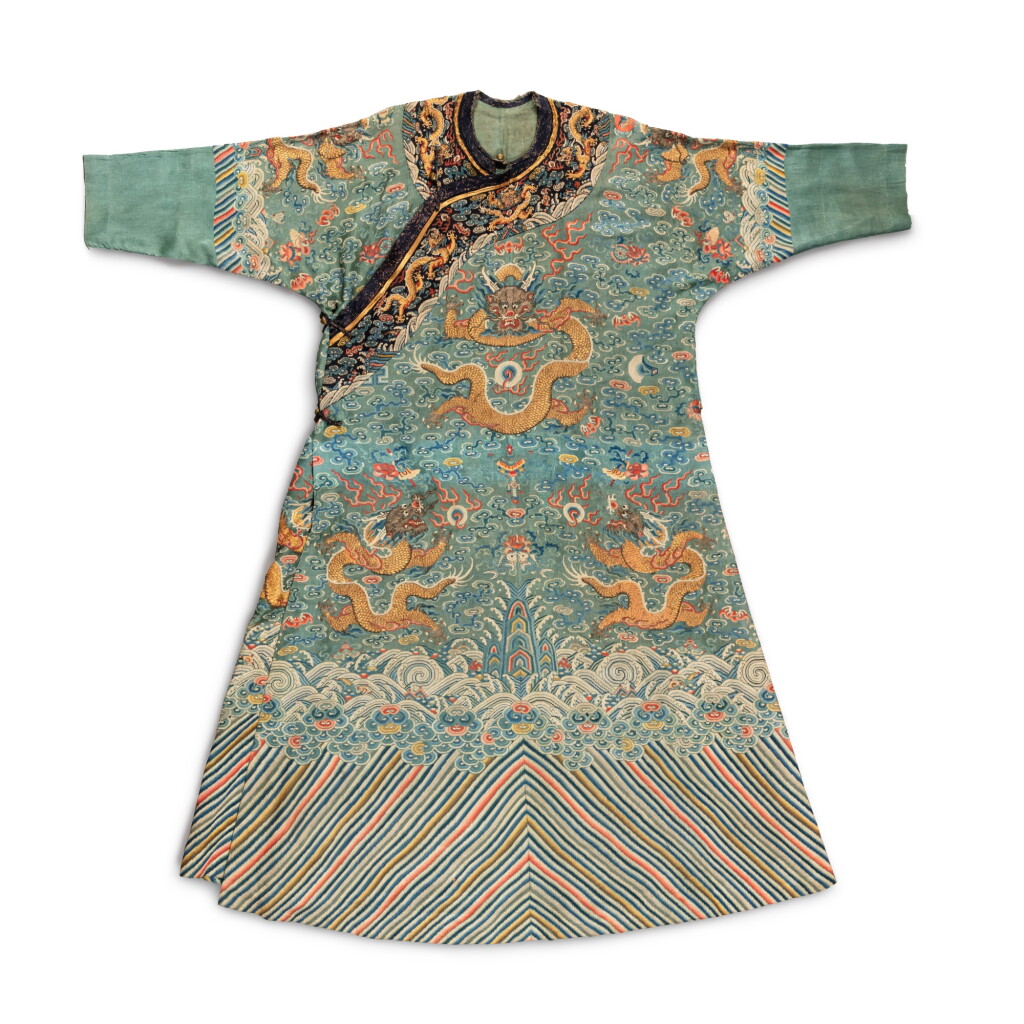 View full screen - View 1 of Lot 116. A blue-ground embroidered gauze 'dragon' robe (Jifu), Qing dynasty, 18th century | 清十八世紀 藍地納紗繡金龍紋吉服.
