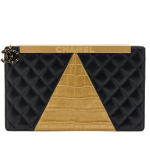 Black Quilted Lambskin and Gold Embossed Crocodile Metallic Gold Clutch Aged Gold Hardware, 2019