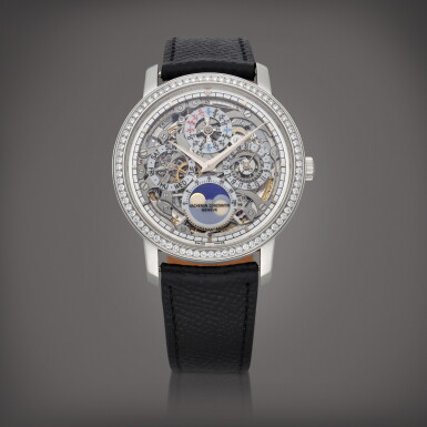 View full screen - View 1 of Lot 62. Les Cabinotiers, Reference 43572/000P-9236 A unique platinum and diamond-set perpetual calendar wristwatch with lapis lazuli moon phases Circa 2009 | 江詩丹頓 | Les Cabinotiers 型號 43572/000P-9236 獨一無二鉑金鑲鑽石萬年曆腕錶備青金石月相顯示,製作年份約 2009.