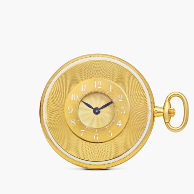 View full screen - View 1 of Lot 2474. Couteau | A fine and unusual yellow gold and enamel ultra thin half hunting case keyless lever dress watch, with engine-turned dial, Circa 1925.