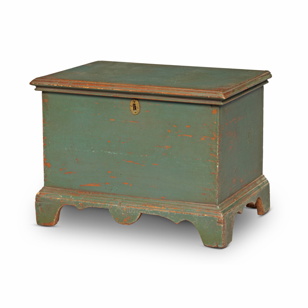 View full screen - View 1 of Lot 12. Diminutive Blue-Green-Painted Poplar Blanket Chest, Lancaster, Pennsylvania, Circa 1800.
