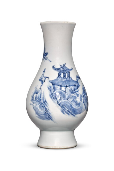 View full screen - View 1 of Lot 332. A blue and white 'immortals' vase, Qing dynasty, Kangxi period | 清康熙 青花仙人樓閣圖琵琶尊.