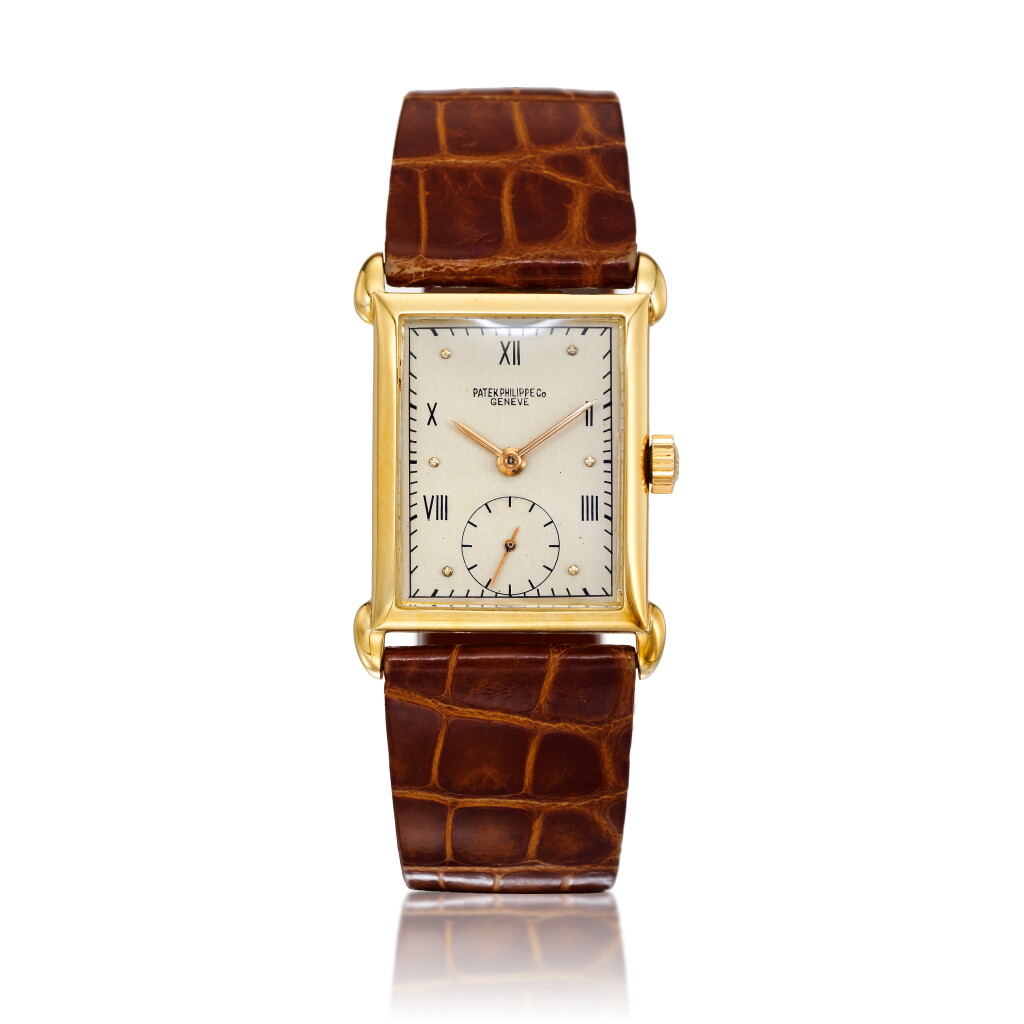 View full screen - View 1 of Lot 58. Reference 1530, A yellow gold rectangular wristwatch, Made in 1943 百達翡麗 1530型號黃金腕錶,1943年製.
