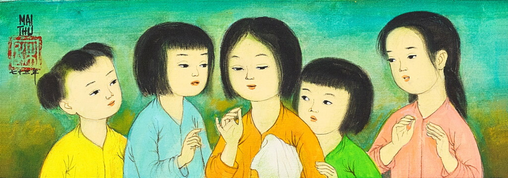 View full screen - View 1 of Lot 957. Mai Trung Thu 枚中栨 (梅忠恕) | Quatre filles et un garçon (couture) 四個女孩與一個男孩(縫紉).