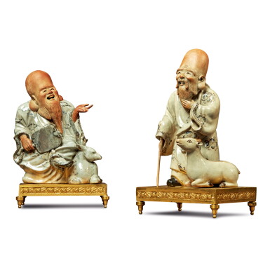 View full screen - View 1 of Lot 192. A PAIR OF LOUIS XVI STYLE ORMOLU AND CHINESE GLAZED EARTHENWARE FIGURES, 19TH CENTURY.
