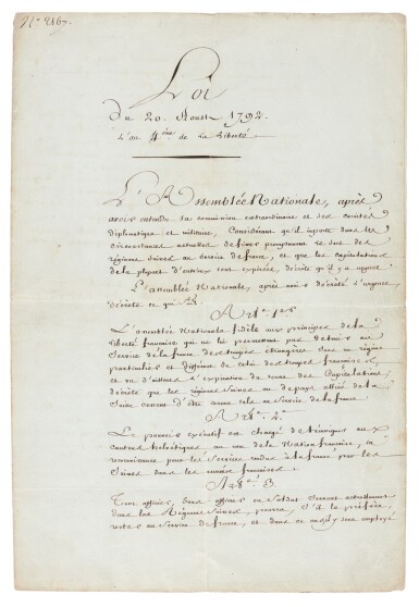 View full screen - View 1 of Lot 28. George Jacques Danton | Document signed, ending the employment of Swiss Regiments in the service of France, 1792.